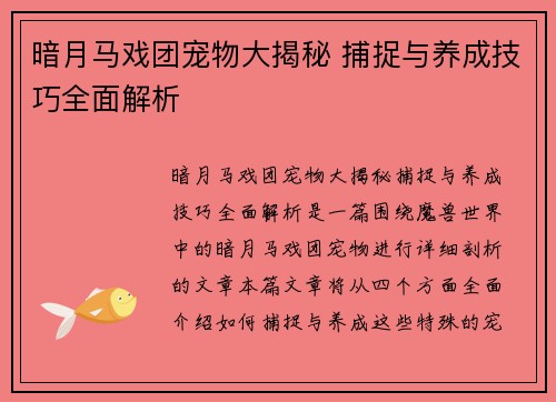 暗月马戏团宠物大揭秘 捕捉与养成技巧全面解析